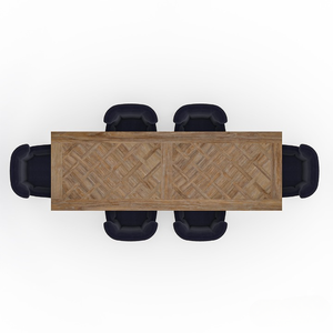 ชุดโต๊ะอาหารไม้สักแท้พับได้สไตล์ร่วมสมัยแบบฟาร์มเฮาส์ ลายเชฟรอน ฐานขาตั้งแบบ Trestle พร้อมเก้าอี้บุผ้ากำมะหยี่แบบควิลท์ 6 ตัว สำหรับโรงแรม - Product Image 6