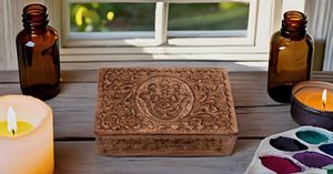 Grande boîte de rangement de bijoux en bois non fini avec couvercle à charnière Signes muraux artisanaux en bois gravés uniques en matière plastique - Product Image 4