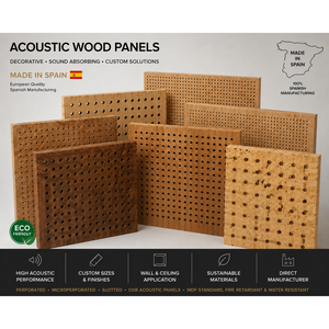 Panneaux acoustiques en bois MDF perforés, insonorisants, décoratifs, pour application murale et plafond, fabriqués en Espagne, écologiques - Product Image 1