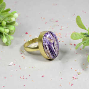 Anillo de declaración bonito y delicado de Plata de Ley 92,5 certificado IGI platino Charoite piedra preciosa cojín corte patrón geométrico certificado - Product Image 4