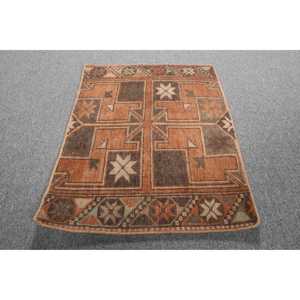 Vintage Turkish Rug 1.7x2.2 ft (51x66 cm), <b>Brown</b> Floral <b>Wool</b> Rug - Product Image 1