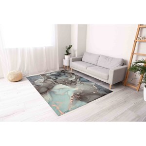 Tapis en marbre gris et bleu : Tapis moderne antidérapant, avec poils doux - Product Image 3