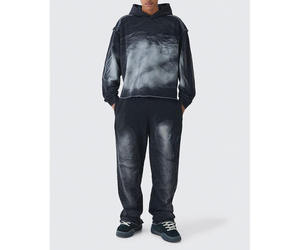 OEM Customizable Oversized Boxy Hooded Tracksuit Set Washed <b>Applique</b> Patch Design Fashion Winter Solid 100% Cotton Breathable - Product Image 4