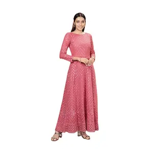 Trusted Dealer of Highest Selling Beautiful Pink Georgette Gown & Dupatta with Thread & <b>Gota</b> Work Kurti for Ladies - Product Image 1