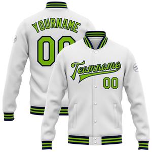 Direct Industry Wholesale Casual Winter Custom White Neon Green-Navy Bomber Full-Snap Varsity Letterman Jacket - Product Image 1