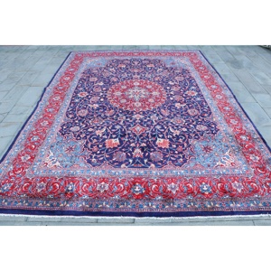 Alfombra de 9.8x13.2 pies, Alfombra Turca Vintage, Alfombra de Lana con Plantas y Árboles Azules y Rojos - Product Image 1