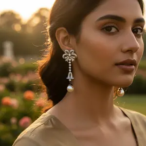 Pendientes Largos de Perlas Plateadas Vintage para Mujer, Chapados en Oro de 18K, Piedra Principal de Oro Blanco, Diseño de Flor Esmeralda - Product Image 3