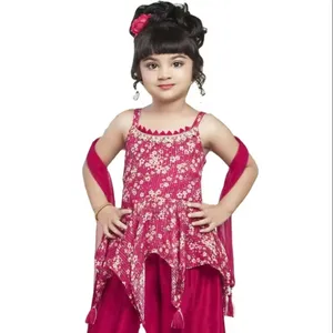 巴基斯坦风格最新设计师乔其纱刺绣作品儿童上衣和plazo蓝色连衣裙