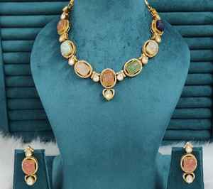 ชุดสร้อยคอทองเหลืองลายโพลกีและหินโมนาลิซ่าสำหรับผู้หญิง เหมาะสำหรับงานแต่งงาน งานปาร์ตี้ สร้อยคอหรูหราพร้อมต่างหูสวยงาม - Product Image 2