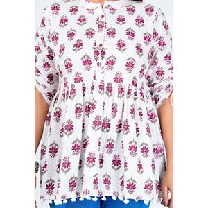 Blusa Peplum de Algodón Estampada para Mujer, Mangas 3/4, Estilo Casual Étnico, Talla XL, Tejido Popelina Transpirable, Patrón Floral Bordado - Product Image 2