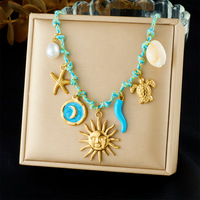 Collier en acier inoxydable sur le thème de l'océan, pendentif en forme d'étoile de mer, tortue, coquille, perle, vie marine, bijoux cadeaux pour femmes et filles
