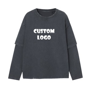 เสื้อยืดคอกลมแขนยาวผ้าฝ้าย100% ลำลองโอเวอร์ไซส์สำหรับผู้ชายซักได้โลโก้แบบสองชั้น - Product Image 4