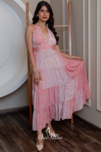 Vestido Maxi con gradas y cuello Halter y estampado floral rosa para mujer de estilo bohemio vestido largo con patrón sólido del fabricante - Product Image 4