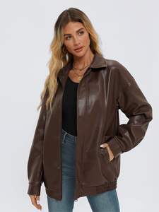 Chaqueta de Mujer al por Mayor, Elegante, Casual, de Diseño Nuevo, Talla Grande, Suave al Tacto, con Dos Cremalleras, Bordado de Cuero y Rayas - Product Image 2