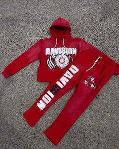 Survêtements de jogging de haute qualité pour adultes, en molleton lourd, imprimé à l'écran, effet délavé, coupe régulière, sweat-shirts à capuche, pantalons de survêtement évasés - Product Image 3