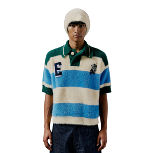 Polo de Punto con Rayas de Mohair, Hilo de Textura Suave, Ropa de Invierno Premium, Cuello Oversize, Bordado Universitario, Corte Casual - Product Image 1