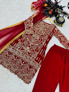 Eid Ramzan Salwar Kameez rouge spécial, robe pantalon traditionnelle, robe droite Georgette du pakistan, sur mesure - Product Image 4