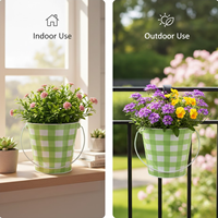 Jardinière en métal à carreaux vertes durables personnalisée avec poignée |   Mini pot de fleurs en forme de seau pour la décoration intérieure et extérieure, jardin, cadeau