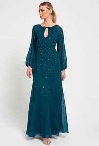 Robe maxi trapèze à devant perlé, design symétrique, col rond, fente latérale à la taille, antistatique, vêtements de soirée et de cocktail, respirante - Product Image 3