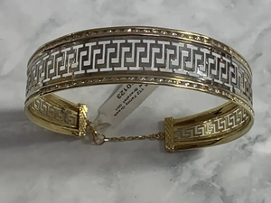 Ladies 10 Karat <b>Gold</b> 17mm Solid Greek Style Cuff <b>Bracelet</b> Real 10K Yellow and <b>White</b> <b>Gold</b> with CZ Fashionable <b>Bangles</b> - Product Image 2
