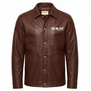 Manteau Homme en Cuir Véritable à Boutonnage Simple, Surchemise à Boutons Pression, Motif Lettres en Cuir de Vachette Gaufré, Service OEM, Couleur Tabac - Product Image 1