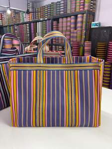 Sacs de courses durables en nylon recyclé rayé avec fermeture éclair, sac fourre-tout écologique fait à la main, réutilisable, en PP tissé, impression offset - Product Image 3