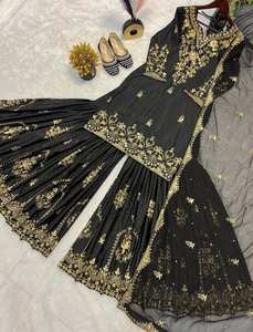 Ensemble Sharara 3 pièces ethnique pour femme, prêt-à-porter, en faux georgette à imprimé numérique pakistanais, collection 2025, pour mariages et soirées - Product Image 3