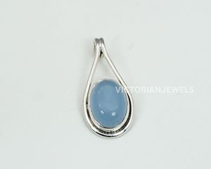 925 Colgante de Piedra natal de marzo de plata esterlina sólida con incrustaciones de ajuste de bisel de Calcedonia azul para colgantes de dijes - Product Image 2