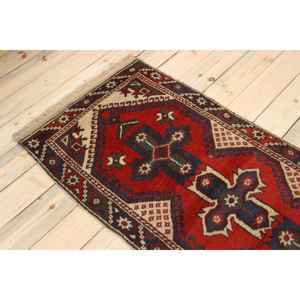 Tapis turc 2,6 x 9,4 pieds, tapis de couloir vintage, tapis en laine rouge et bleu ombré - Product Image 4