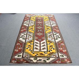 4.2x7.3 ft Vintage Area Rug, <b>Brown</b> Yellow Turkish Ikat <b>Wool</b> Rug - Product Image 1