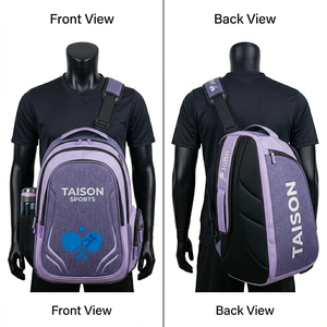 Sac à dos de tennis de table pour hommes en tissu polyester durable gris et noir, design multi-panneaux, logo imprimé par transfert thermique personnalisé, sac de sport - Product Image 3