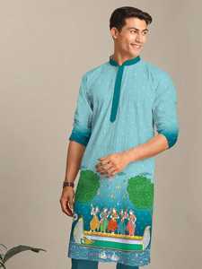 El último conjunto de Kurta de rayón pesado para hombres, estilo tradicional, ropa de boda y festival indio con seda estampada para fiestas - Product Image 6