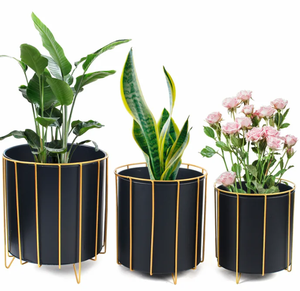 Metal Planters Iron Black Coated Round Set Garden Balcony Decor Flower Pot <b>plant</b> <b>stand</b> and <b>plant</b> pot - Product Image 1