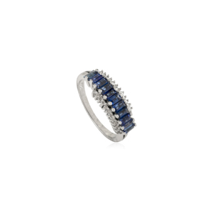 Prix de gros, bague en or blanc 14 carats massif, forme baguette luxueuse, saphir bleu et diamant taille ronde, motif zigzag, bijoux personnalisés - Product Image 3