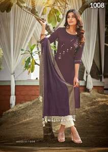 Kurti Maslin de Primera Calidad para Bodas y Fiestas con Interior y Trabajo Pesado de Khatli, con Dupatta con Trabajo de Tejido, en Venta a Precio Económico - Product Image 4