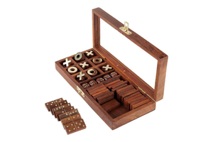 Ensemble de jeux de salon 3 en 1 en bois artisanal |   28 dominos, 9 jetons de tic-tac-toe et 5 dés en bois, jeux en bois pour enfants - Product Image 4