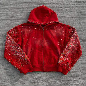 Ensemble survêtement personnalisé de haute qualité pour homme, pantalon de survêtement évasé et sweat à capuche en coton, ensemble de survêtement zippé avec sweat à capuche orné de strass - Product Image 5