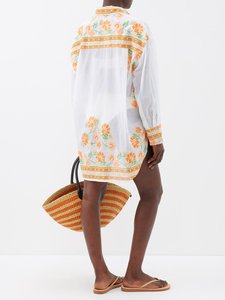 Colorful Cotton Cover-Up by the <b>Pool</b> White Shirt with Yellow Marigold Embroidery Sexy Casual A-Line Summer Eco-Friendly Dress - Product Image 2