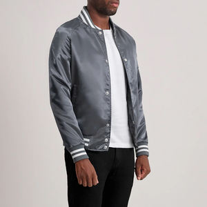 Veste universitaire en satin gris Xander élégante doublure en polyester matelassé fermeture à boutons ourlet en tricot côtelé - Product Image 2