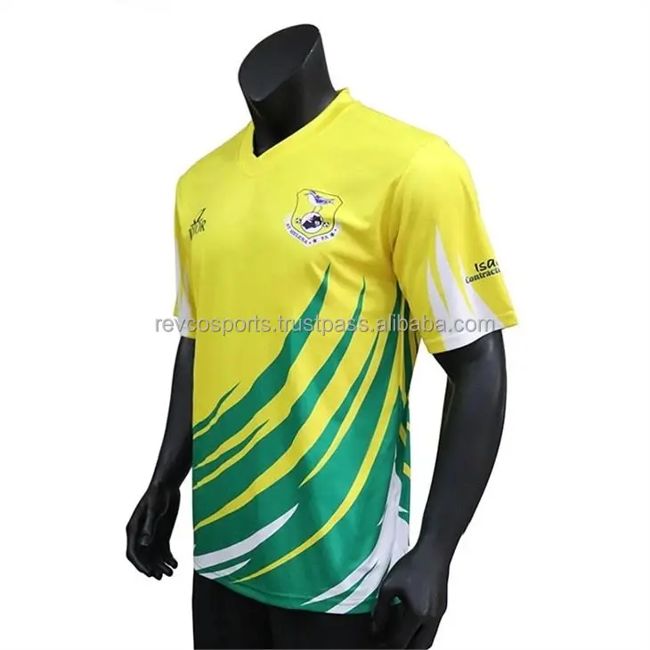 2024 नए सीज़न फुटबॉल जर्सी कस्टम डिजाइन सर्वश्रेष्ठ गुणवत्ता वाले पुरुषों की फुटबॉल जर्सी सबलिमिनेशन पॉलिएस्टर पीले और हरे रंग की फुटबॉल शर्ट