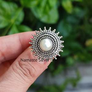 Handmade 925 Sterling <b>Silver</b> Boho <b>Statement</b> <b>Ring</b> Freshwater Pearl Jewelry Gift for Women on Valentine's Day - Product Image 6
