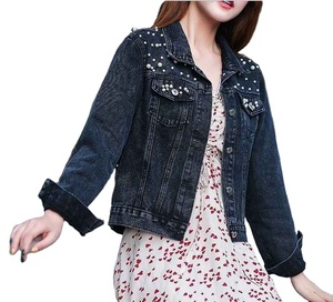 Custom Logo High Quality Ladies <b>Rhinestone</b> Pearls Beading Blue Denim Coat <b>Jacket</b> Plus Size Jean <b>Jackets</b> for Women - Product Image 1