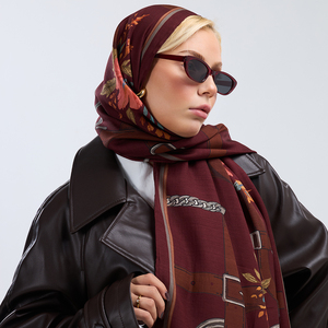 Elegant Long Casual Silk Wool Blend Shawl Hand Rolled Hem Luxury Equestrian Belt & Chain Motif Floral Accent Pashmina - Product Image 4