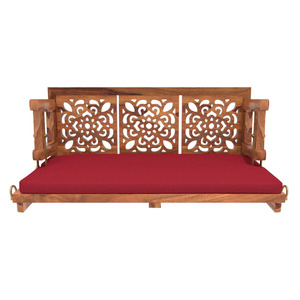 Wooden Hanging Swing <b>Bench</b> With Red <b>Cushion</b> Rustic Carved Backrest Indoor Outdoor Living Room Furniture Jhoola Design - Product Image 6