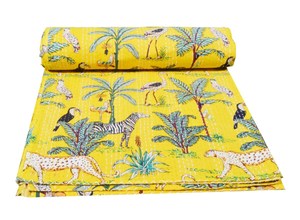 Indian Hand Block Jungle Safari Print Kantha Quilt Twin/Queen/King Kantha <b>Throw</b>, Bedspread Cotton, Kantha <b>Bed</b> Cover Quilt Queen - Product Image 2