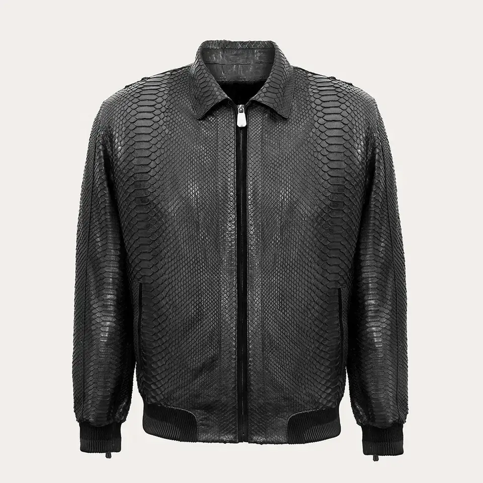 Jaqueta de couro gravada Python para homens 2023 novo estilo de jaqueta de couro preto com colarinho removível e Rex Fur