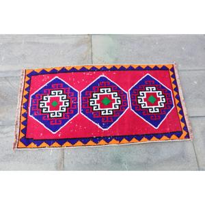 1.6x2.9 ft Small Turkish Vintage Rug, <b>Red</b> Ikat <b>Wool</b> Rug - Product Image 4