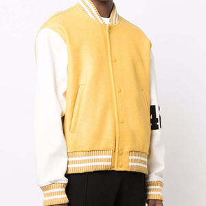 Outdoor Winter Letterman Jacket For Men Custom Embroidery Patches Logo Baseball <b>Yellow</b> Varsity Jackets With Leather Sleeves - Product Image 1