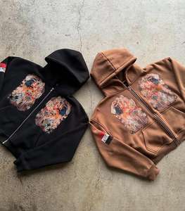 Distressed <b>Zip</b> Heavyweight Oversized <b>Graphic</b> Vintage Print <b>Hoodie</b> Anti-Wrinkle Plus Size XL Streetwear Cotton - Product Image 6