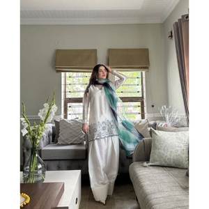 Designer Exclusive Women's Farsi Salwar Kameez Silver Siffon Printed Moss Satin <b>Fabric</b> Organza Dupatta Wedding <b>Indian</b> Pakistani - Product Image 3